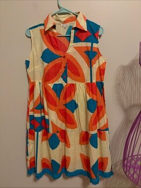 Sleeveless Abstract Floral Tiered Dress in Orange & Teal - Vintage Havana